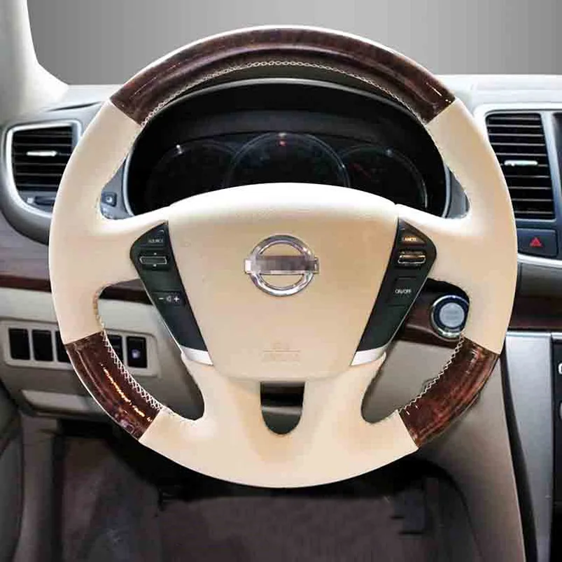 

For Nissan Teana 2008-2012 Manual Hand Sewn Needle Thread Car Steering Wheel Cover Car Accessories Leather Peach Wood Grain