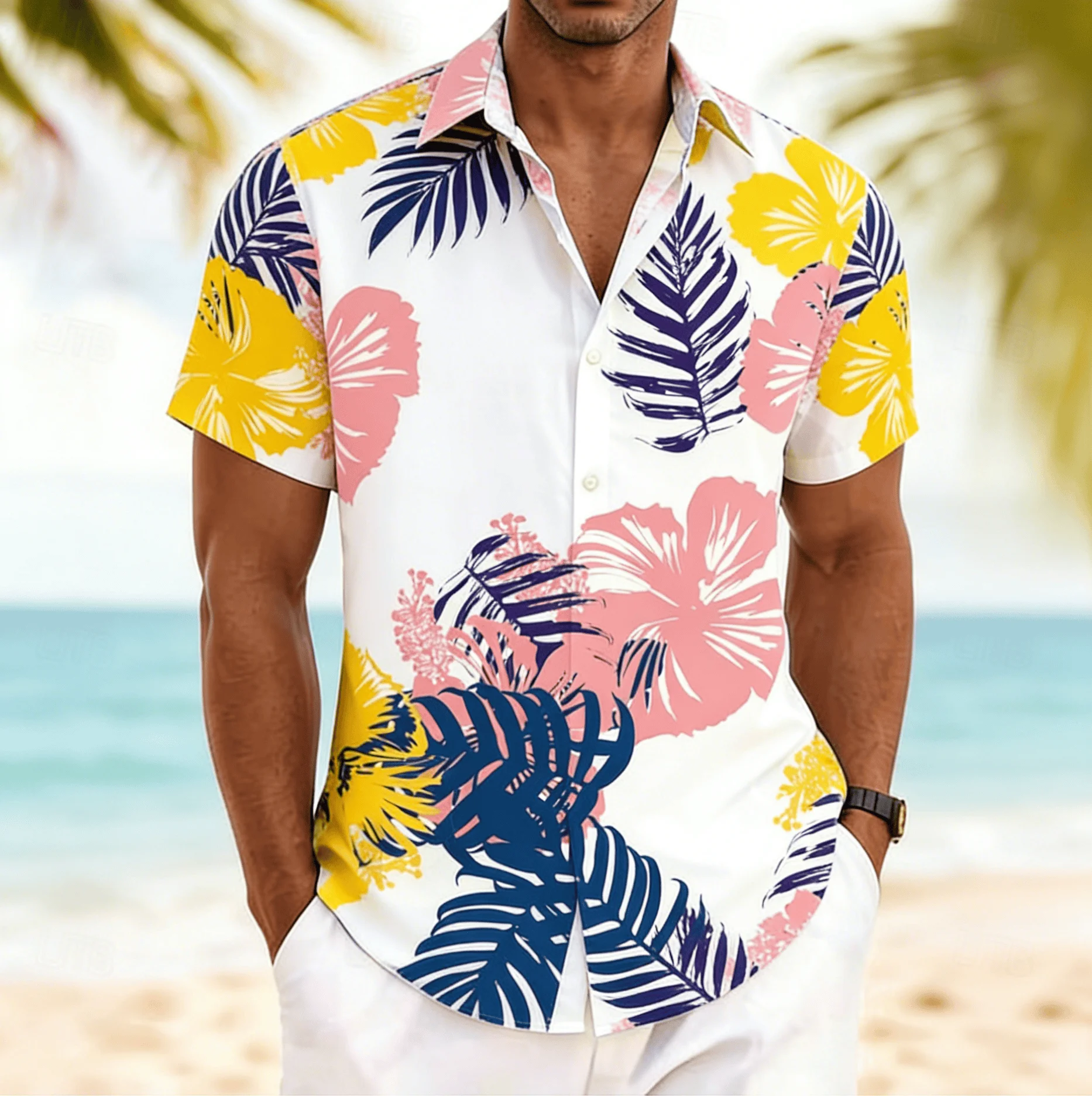 

Men's Block Hibiscus & Palm Leaf Print Short Sleeve Shirt, Spring Summer Vibrant Hawaiian Vacation Blouse, Loose Casual Top
