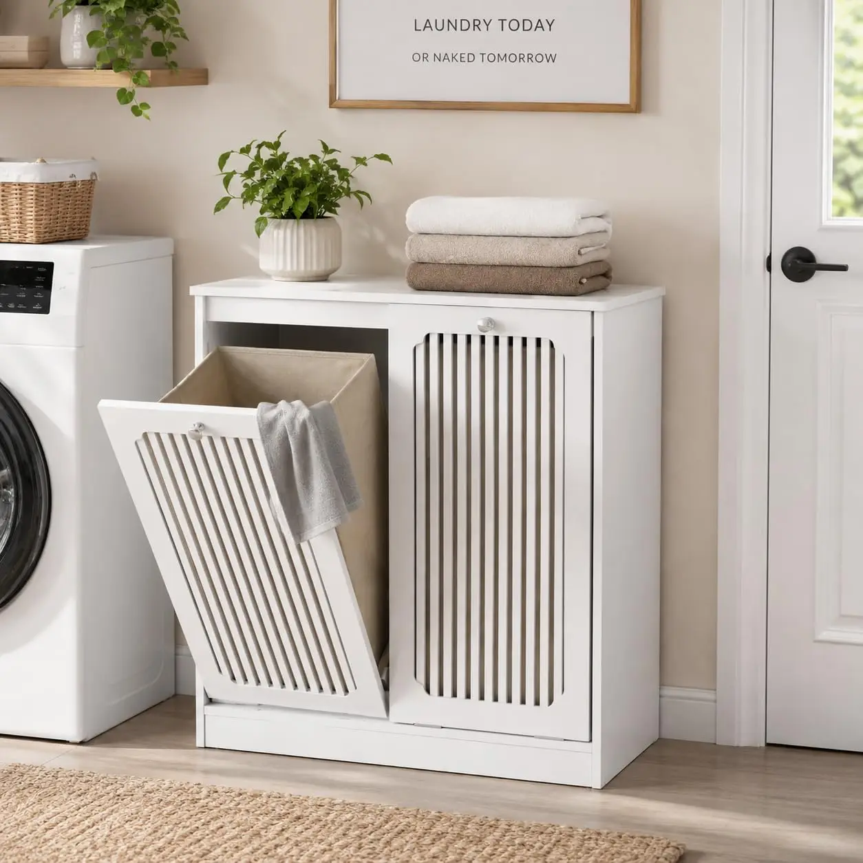 Double Tilt-Out Laundry Hamper Cabinet Louvered Doors White, Customized