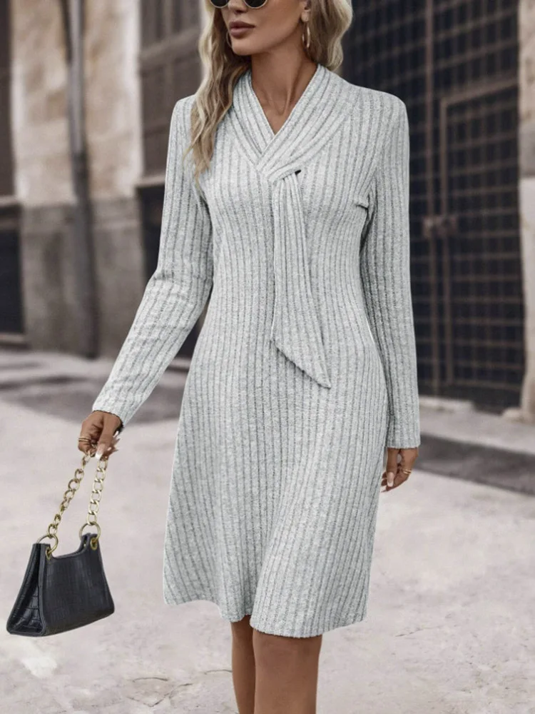 Grey Long Sleeves Dress Female Autumn Winter New High-grade Cinched Waist Slim Elegant Knit Dresses 2024 Trend Oversized