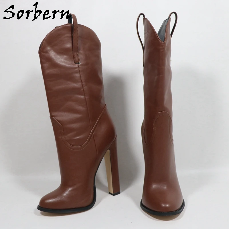 Sorbern Customized 15cm Thin Block High Heel Boots For Women Low Calf Slip On Boots Pointed Toes Cowboy Booties