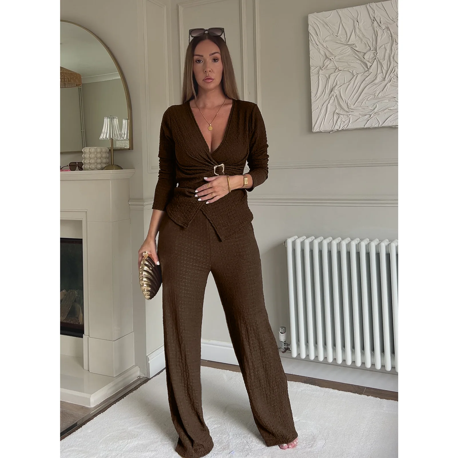 Elegant Office Lady Casual Chic Solid Damespak Metalen knop Slanke blouse Tops Wijde pijpen Broek Tweedelige mode 2025, herfstsets