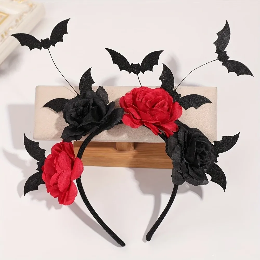 Black Artificial Flowers Halloween Headband Lace Design Spider Web Witch Hairband Rose Flower Bat Party Role-playing Accessory