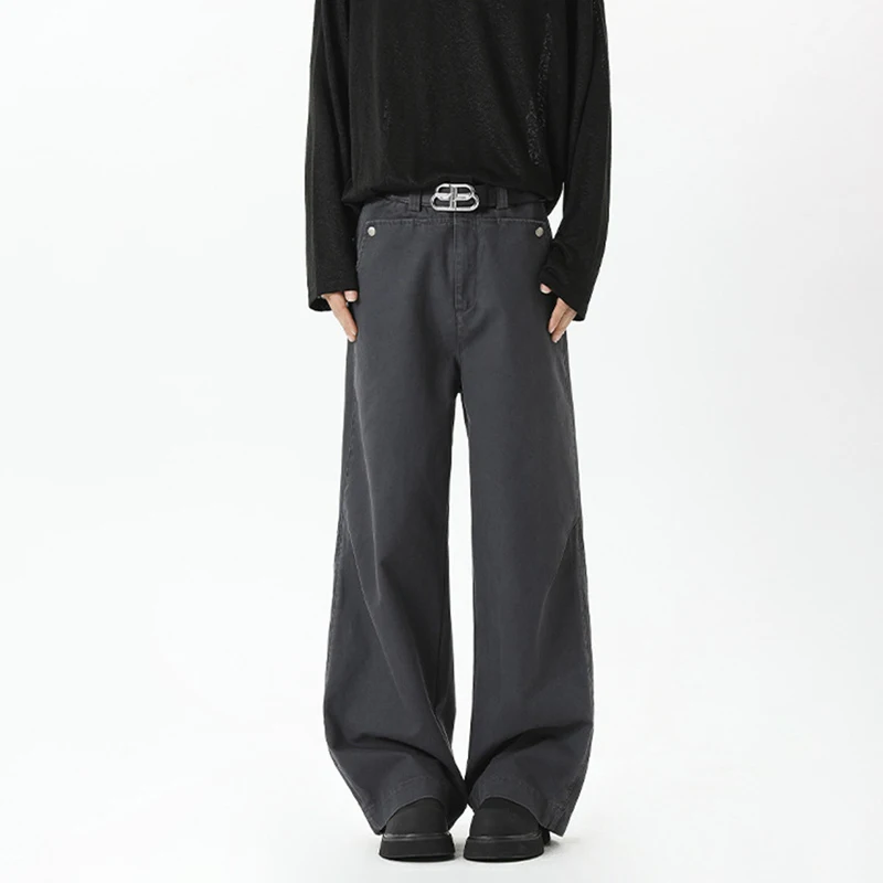 WTHT 패션 남성 솔리드 컬러 패치 워크 버튼 디자인 데님 바지 빈티지 2025 여름 하이 웨이스트 스트레이트 청바지 남성 2A0781