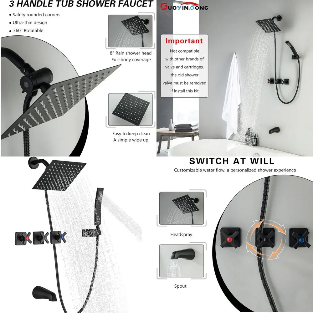 

3-Handle Matte Black Shower Faucet Set with Wall-Mounted Bathtub Faucet and 3 Knobs