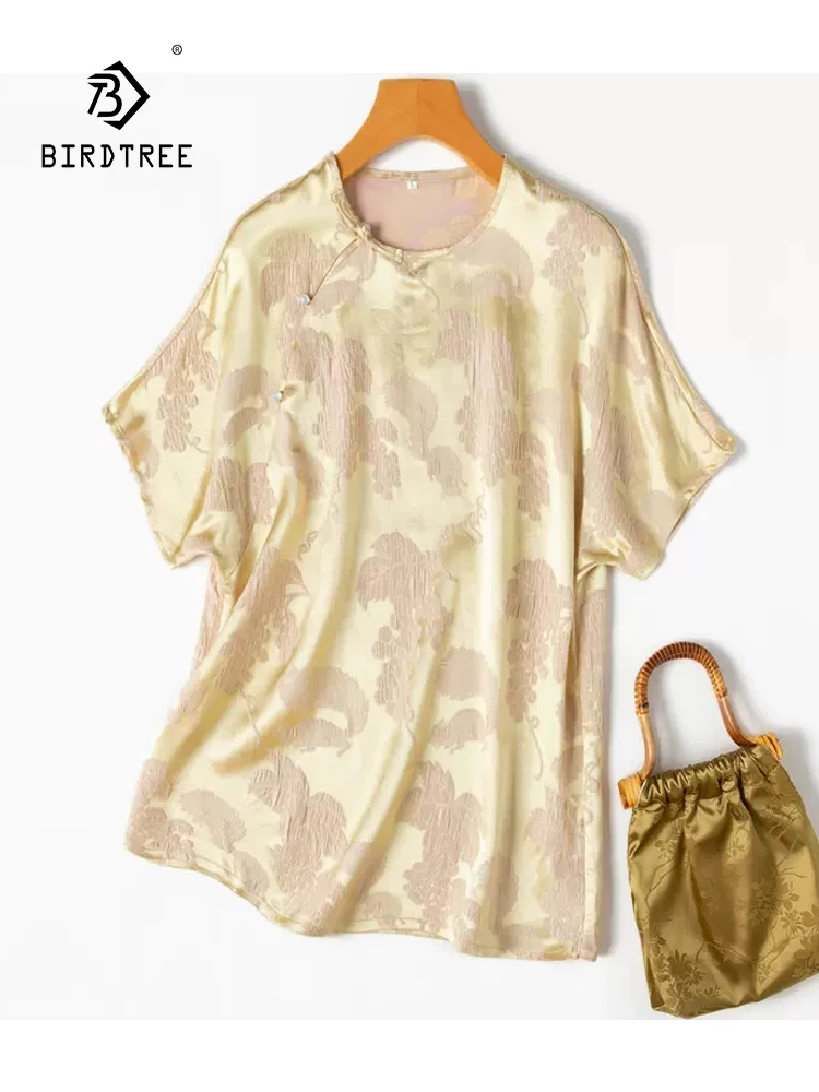 

BirdTree, 28MM 42%Silk T-Shirt, Women O Neck Short Sleeve Flower Jacquard, Retro Elegant OL Commute Top, 2024 Summer T46198QC