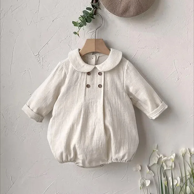 0-2y Infant Spring Cotton Linen Sweet Peter Pan Collar Bodysuit Girl Simple Solid Jumpsuit Baby Boys Long Sleeves Outfits