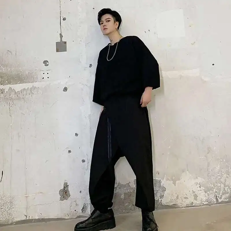 Cruz Streetwear Mascuo Splice Japão Fita Casual Homens Preto Solto Hip Hop Punk Gótico Harem Calças