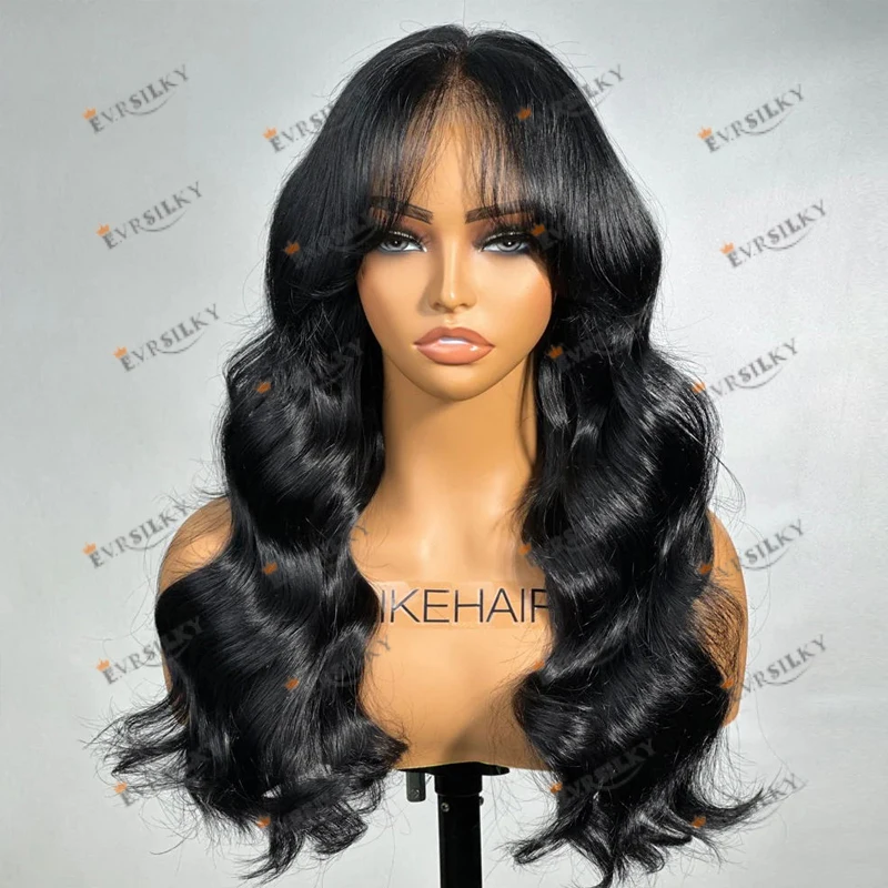 Jet Black Body Wave Curtain Bangs Human Hair 360 Lace Frontal Wigs for Women Pre Plucked Glueless 5x5 HD Lace Wigs Natural Hair