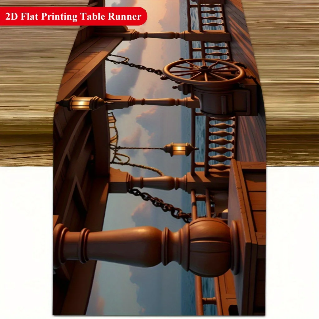 1 Piece of Pirate Ship Table Runner in the Distance during a Nautical Sunset, Suitable for Farmhouse, Indoor, Kitchen, Celebrations, Table Decoration, Restaurant, and Banquet Decoration Supplies