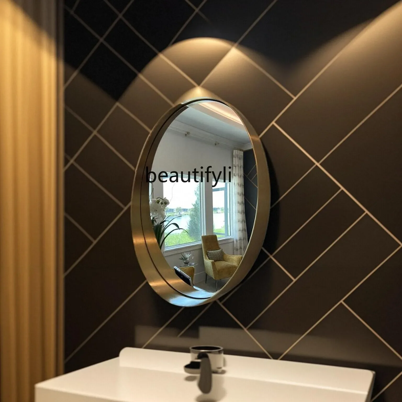 

A139 Light luxury stainless steel electroplated bathroom mirror metal round vanity mirror champagne gold smart mirror