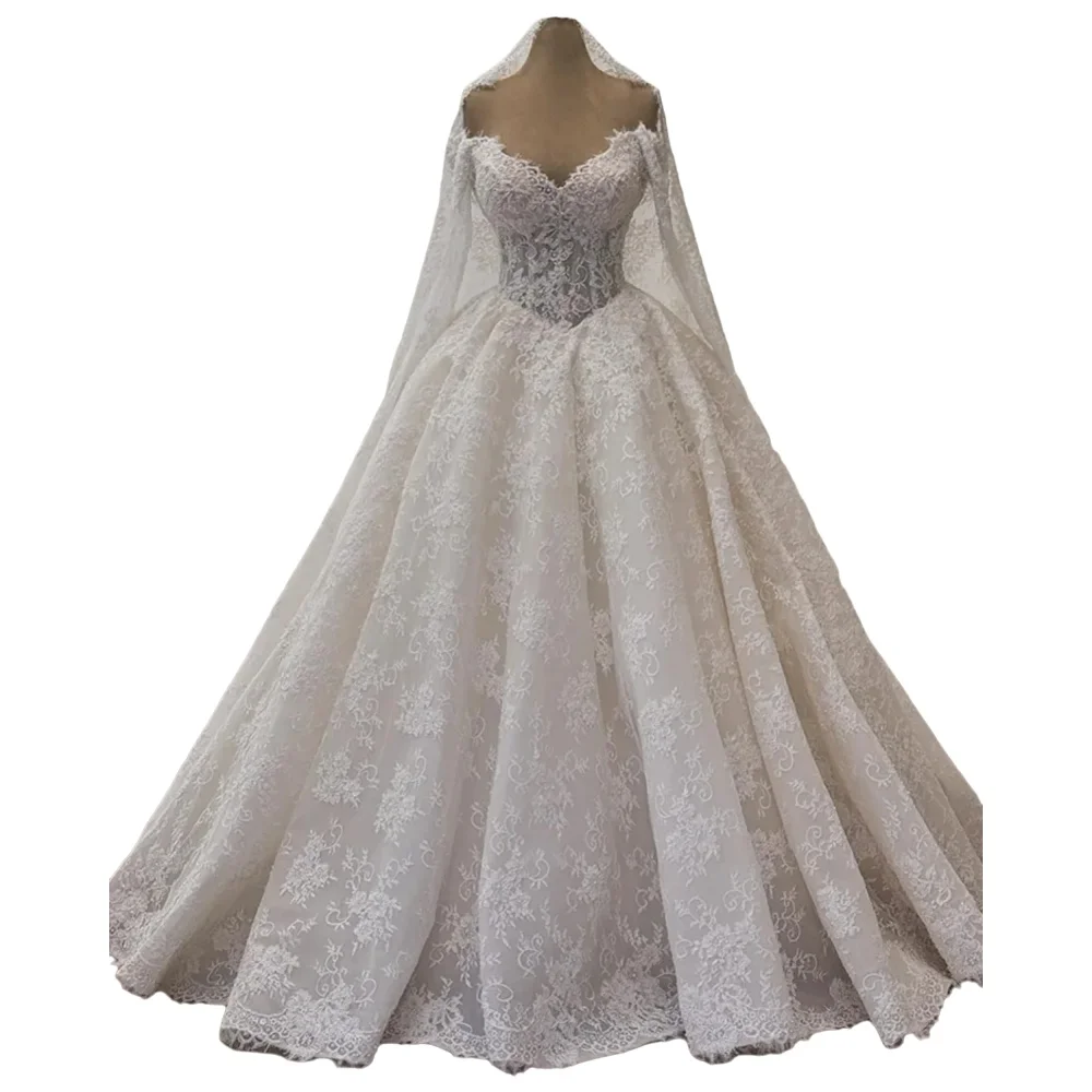 Lange Ärmel V-ausschnitt Spitze Luxus Brautkleider für Frau Braut Angepasst Perle Korsett Brautkleid Ballkleid Vestidos De Novia