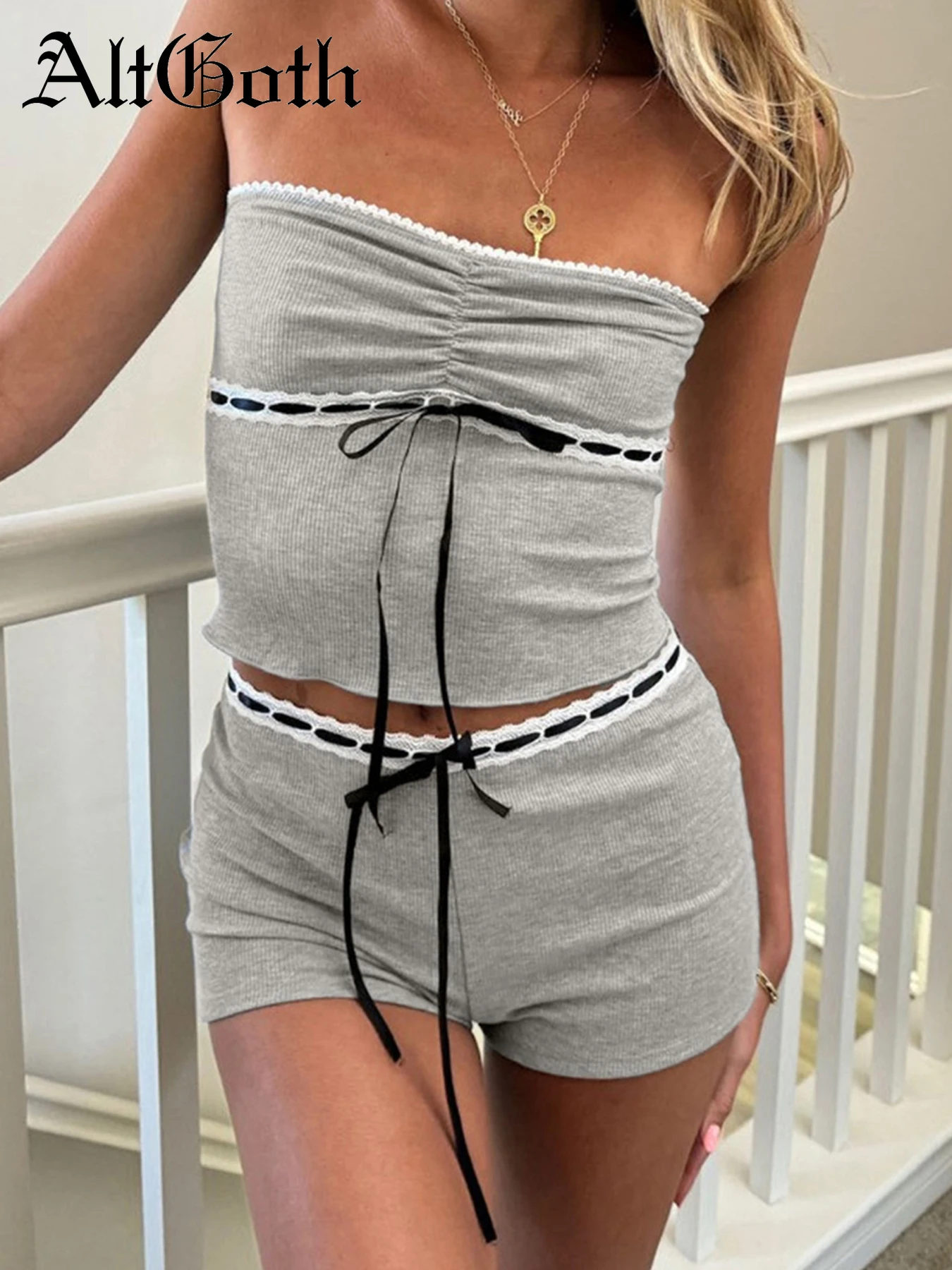 

AltGoth Soft Goth Grey Suits Women Streetwear Sweet Fairycore Grunge Lace Patchwork Strapless Vest Low Waist Shorts Sleepwear