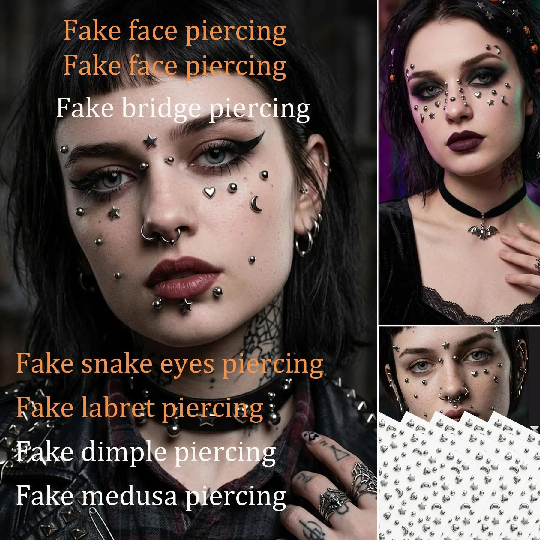 1/3/5 Sheets Star Heart Fake Piercings Balls Stick on Nose Stud Eyebrow Lip Labret Stud Temporary Adhesive Face Jewelry Stickers