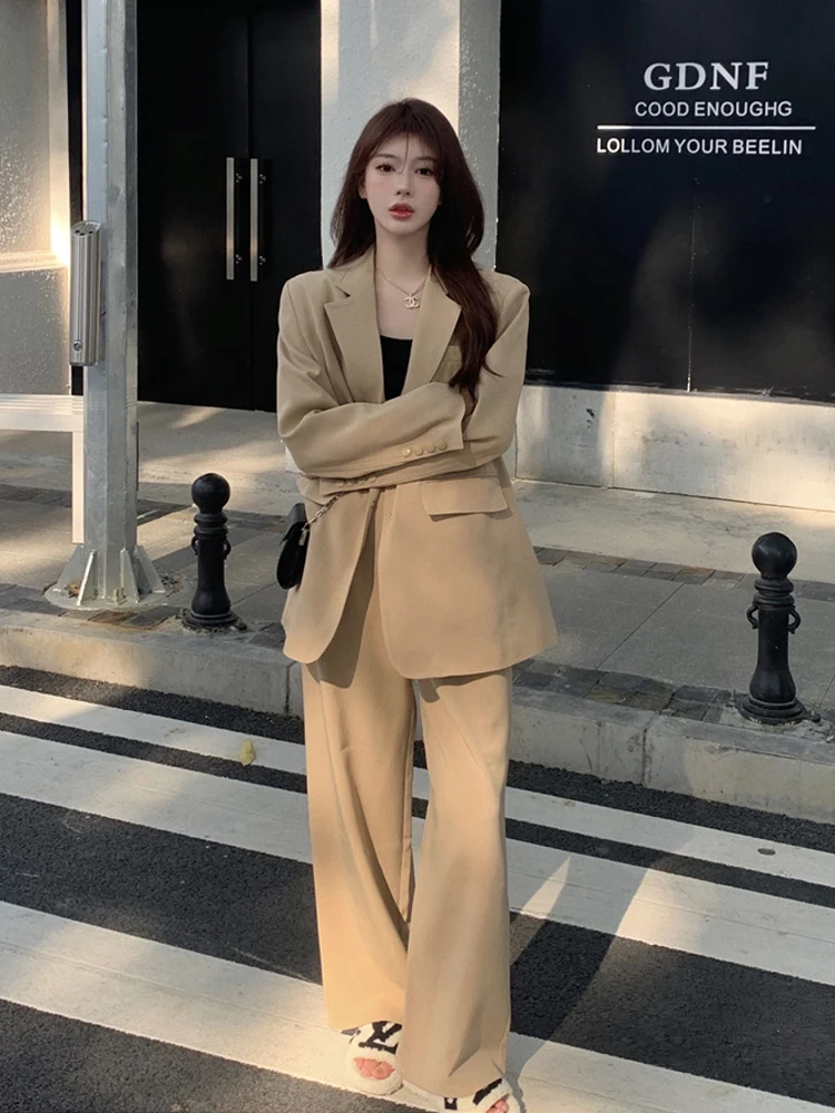 New Professional Two-piece Suits Women Korean Fashion Loose Long Sleeve Blazer+high Waist Wide Leg Pants Sets Office Ladies