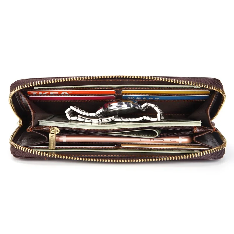 Men's Long Handbag Business Vintage Cow Leather Man Wallet  Brand Long Wallet For Man And Woman Oil Wax Zipper Bag Male Purse