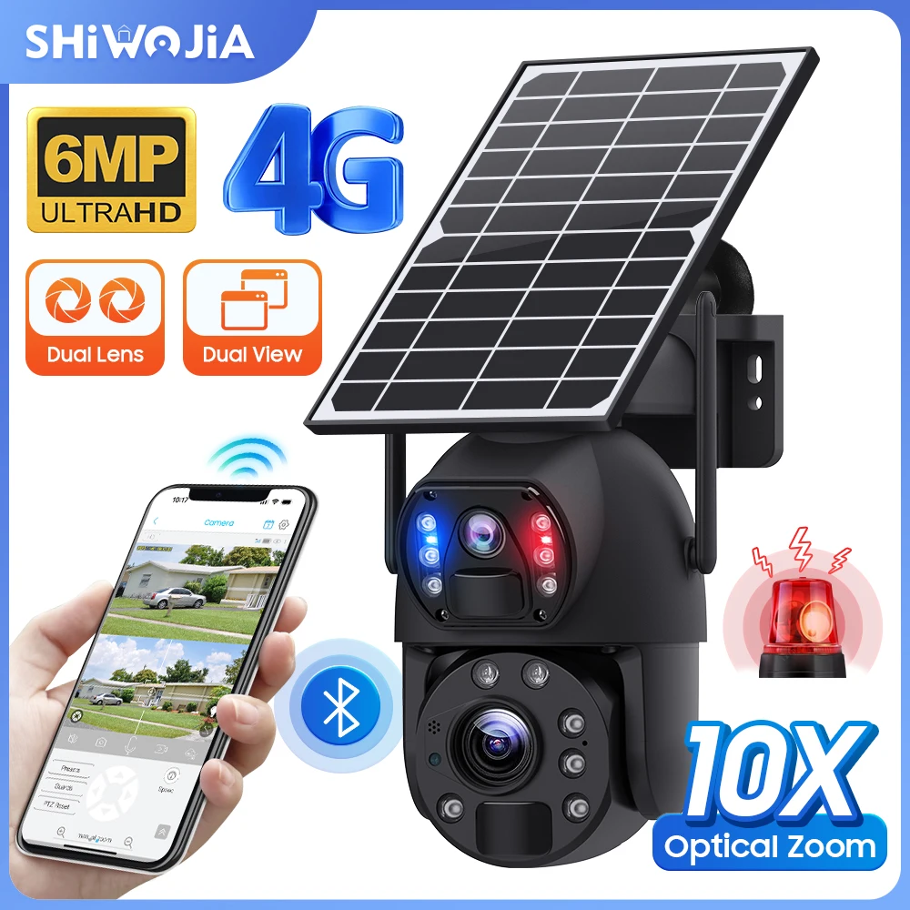 SHIWOJIA Solar Camera 4G Sim 6MP 3K 10X Optical Zoom Dual Lens Recording Humanoid Tracking Outdoor WIFI Camera Metal Waterproof