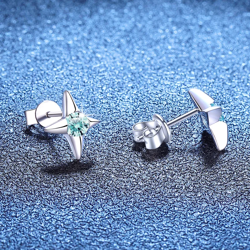 Platinum PT950 18K Gold Earrings Light Luxury Maldives Blue Moissanite Earrings Men's Four Pointed Star 0.6carat Moissanite