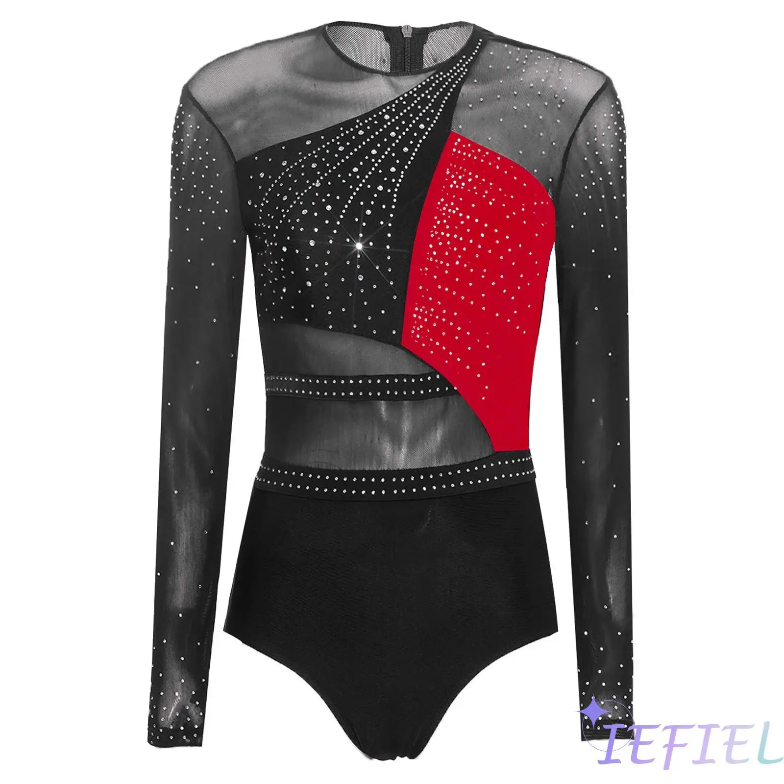 

Womens Rhinestone Lyrical Dance Jumpsuit Shiny Patchwork Sheer Color Block Leotard Bodysuit for Gymnastics Latin Ballet Dance