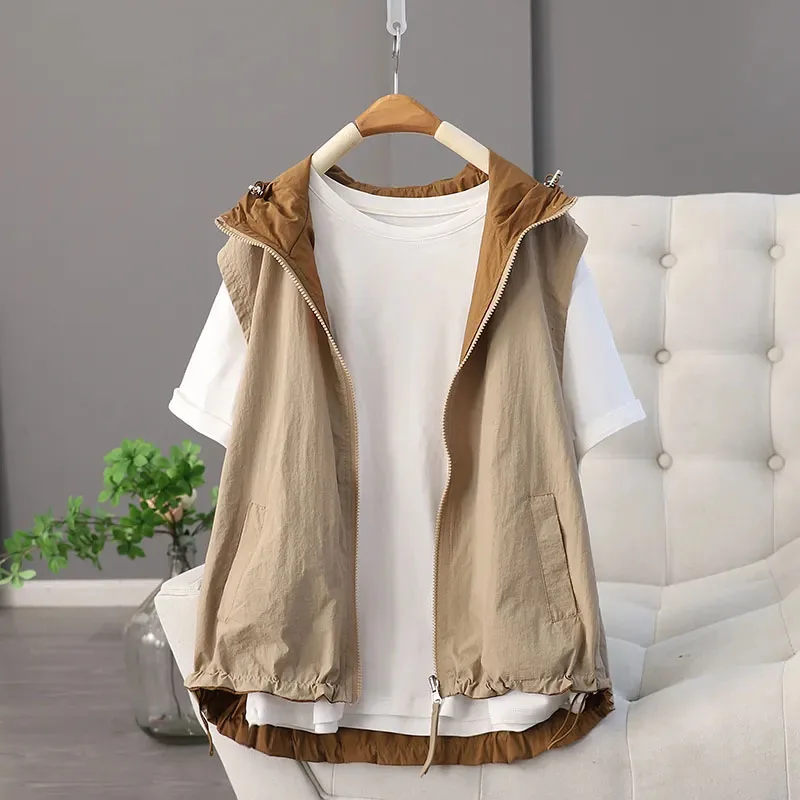 

2025 Summer Women's Double-sided Hooded Coat Casual Vest Female Sleeveless Korean Jacket Fashion Ladies Waistcoat Overwear