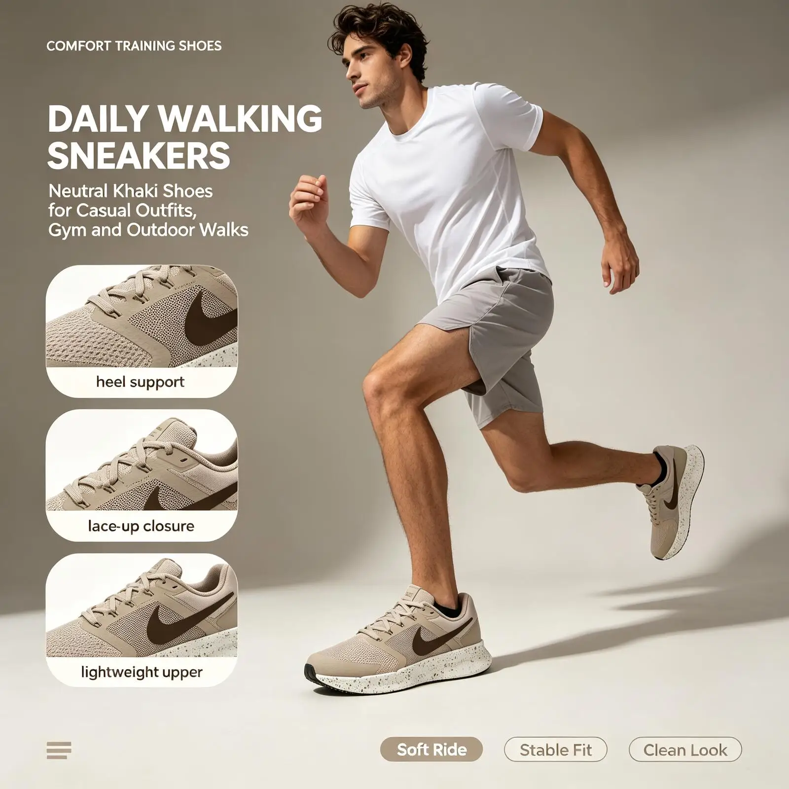Nike Khaki Running Shoes Men Breathable Mesh Cushioned Training Sneakers Brown Accent Speckled Midsole for Walking Daily Wear