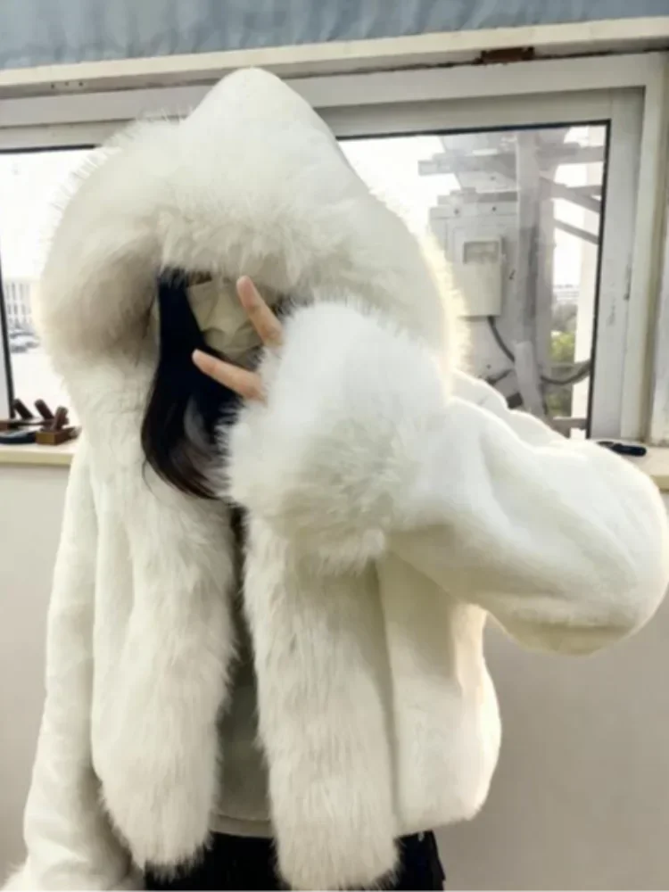 

2025 Lady Warm Party Street Outerwear Solid Fake Fur Women Short Coat Lapel Collar Full Sleeves Hooded Loose Thicken Mini Coat