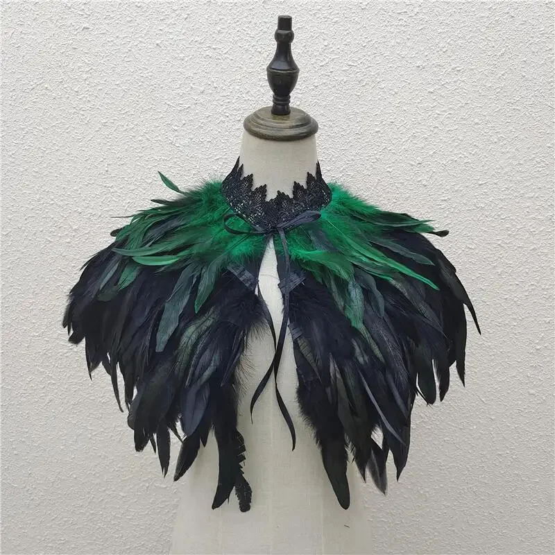 Chal de plumas gótico para mujer, cuello de plumas para hombre, disfraz de cuervo, capa de cosplay de bruja Maléfica, plumas punk para hombros estilo rave