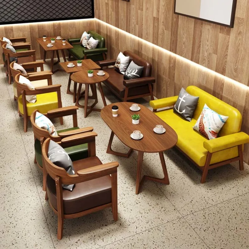 Retro cafe negotiation simple leisure reception area book bar restaurant dessert milk tea shop solid wood sofa chair combination