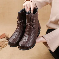 Genuine Leather Low-Heeled Shoes Round Toe Handmade Ankle Boots Women's Soft Short Boots Women Casual Zipper Winter Shoes