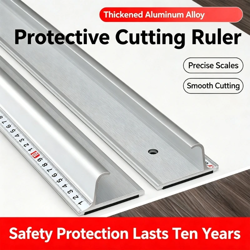 Metal Straight Safety Ruler with Finger Guard, 50 Aluminum Measuring Guide for Sewing Paper Trimming, Leather F19E