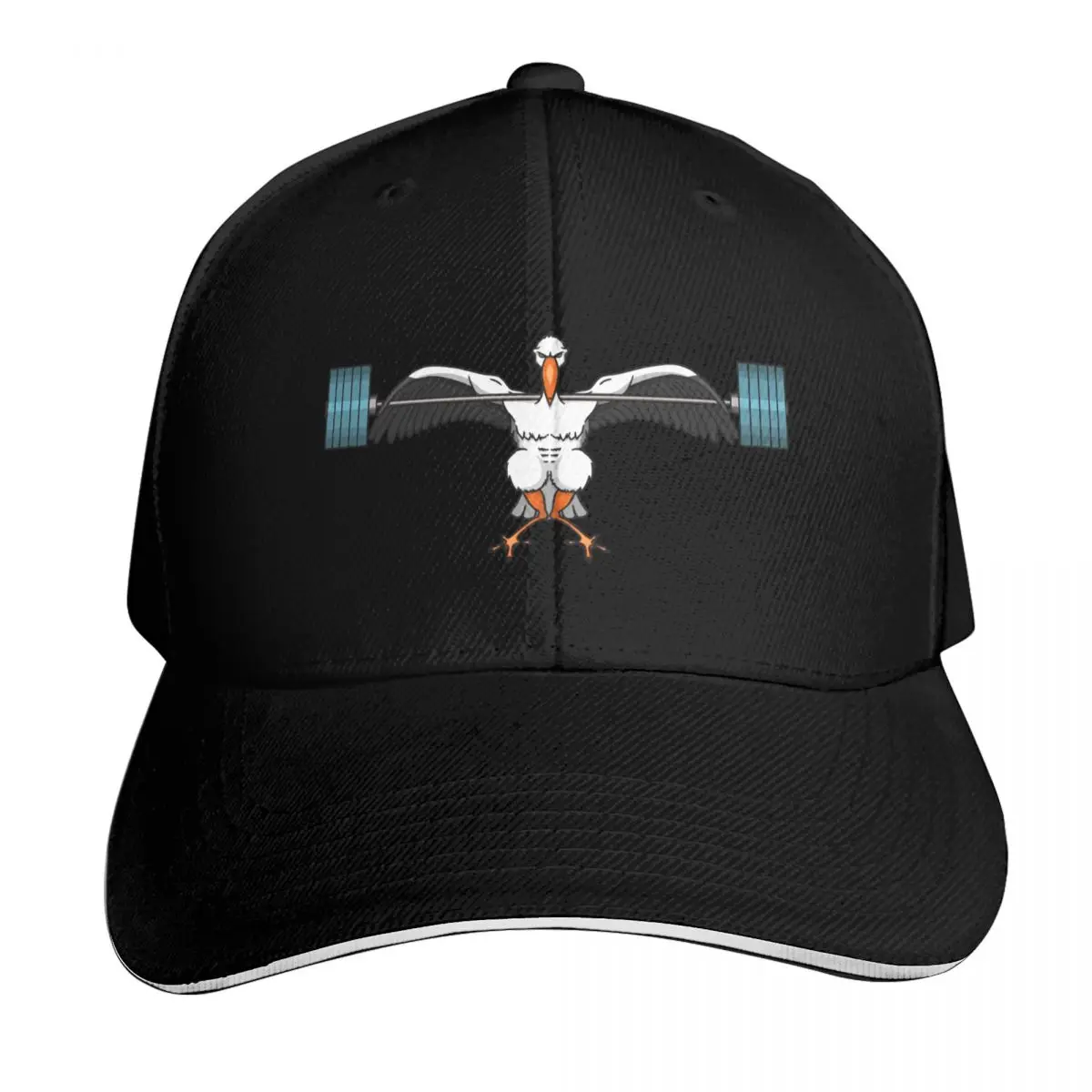 Super-strong stork doing squats. Baseball Cap Moisture Wicking Quick Dry Curved Brim Classic Fit Low Profile Unstructured