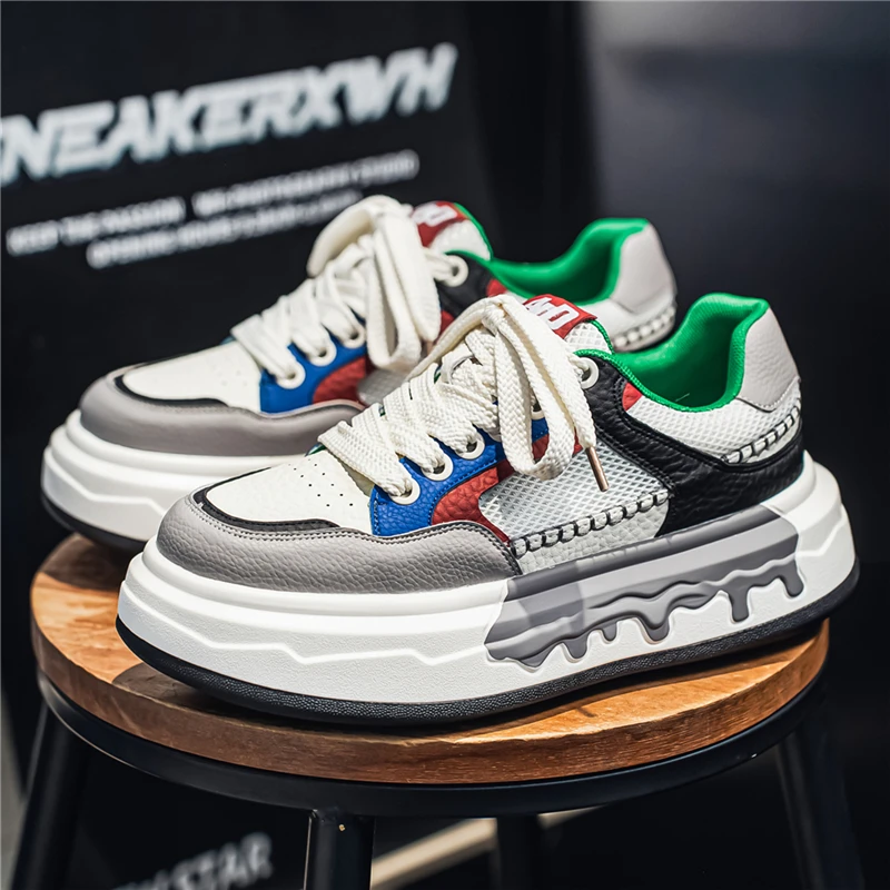 Men's Color-Blocked Thick-Soled Sneakers, Student Casual Wear-Resistant Skate Shoes, Breathable Street Fashion Men's Shoes 2026 New Model