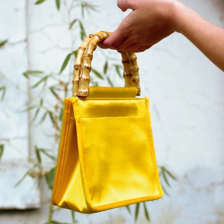 2022 Fashion Niche Silk  Nylon Thick Bamboo Handle Handbag Women's Bag New Single Shoulder Yellow Messenger Bag Square Tote