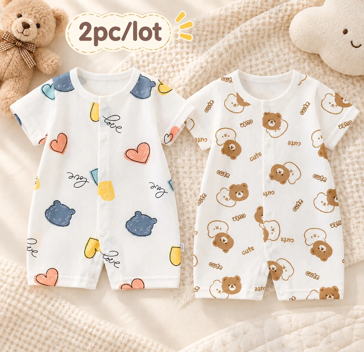 Newborn Boys Girls Summer  Jumpsuit Clothes Pure Cotton Infant Cute Printed Short Sleeve Romper  Baby Homewear 1-3-6-9-12M