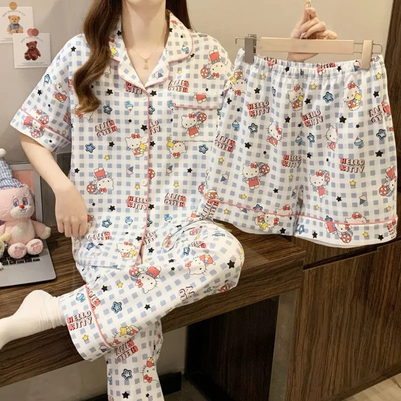 

Женская пижама Sanrio Hello Kitty из 3 предметов: шорты, футболка с коротким рукавом, брюки, летняя пижама, мультяшная пижама, повседневная домашняя одежда, новинка