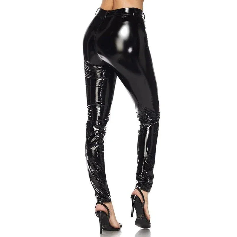 Shiny Faux Leather Women High Waist Trousers Ladies Stretch Slim Shiny PU Leather Pants Bodycon Leggings New Support Custom