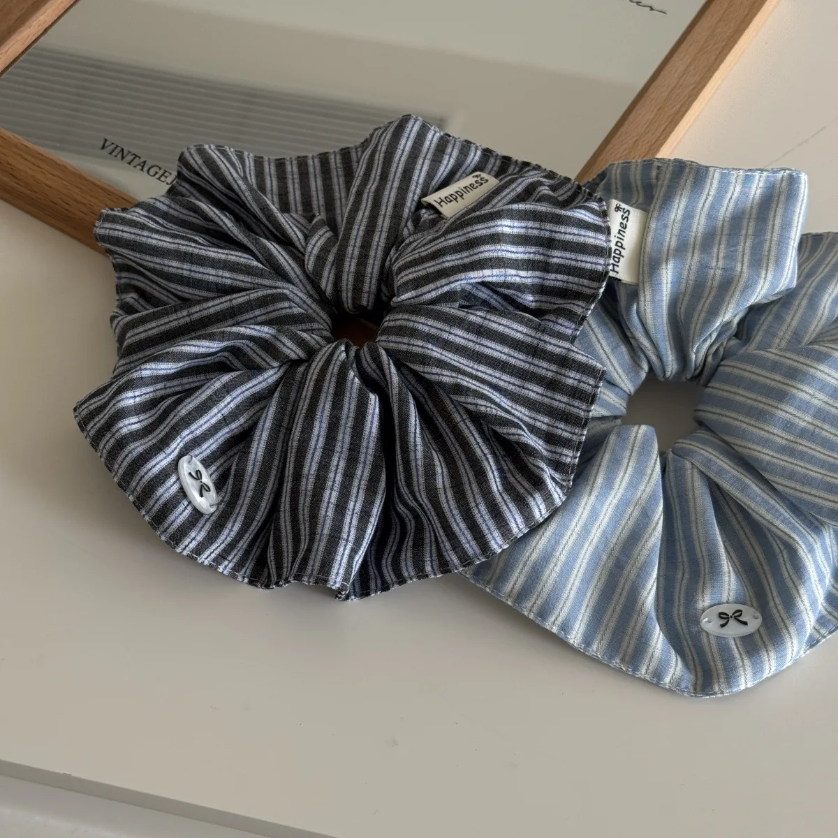Bow small label small fresh blue striped bow large intestine hair band fashionable texture headgear hair accessories image 4