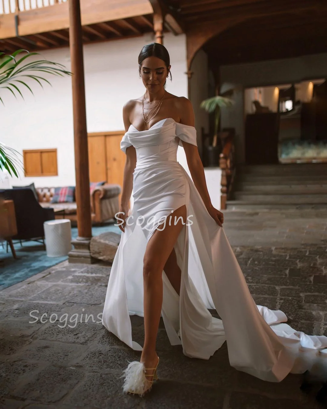 

Beach Wedding Dress Formal Occasion White Floor-Length Wedding Dress Off-The-Shoulder Neckline Vestidos Para Eventos Especiales