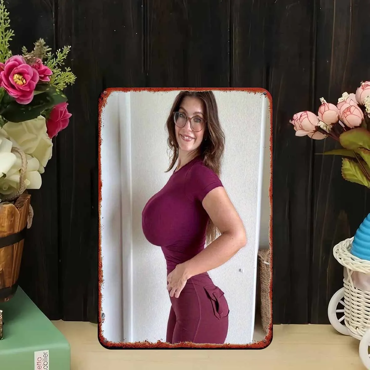 New Trendy HD Metal Wall Art - Modern 2D Flat Design Featuring a Confident Plus-Size Curvy Female Model with Long Brown Hair Wea