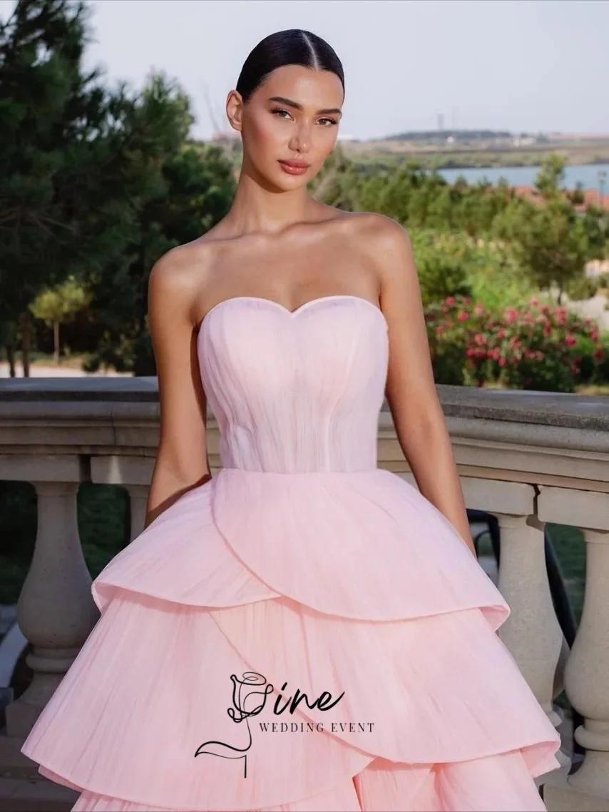 Oine 2026 Pink Evening Dresses Strapless Tiered Unique Bridal Dress Wedding Second Dress Pleated Tulle Prom Dress Customized