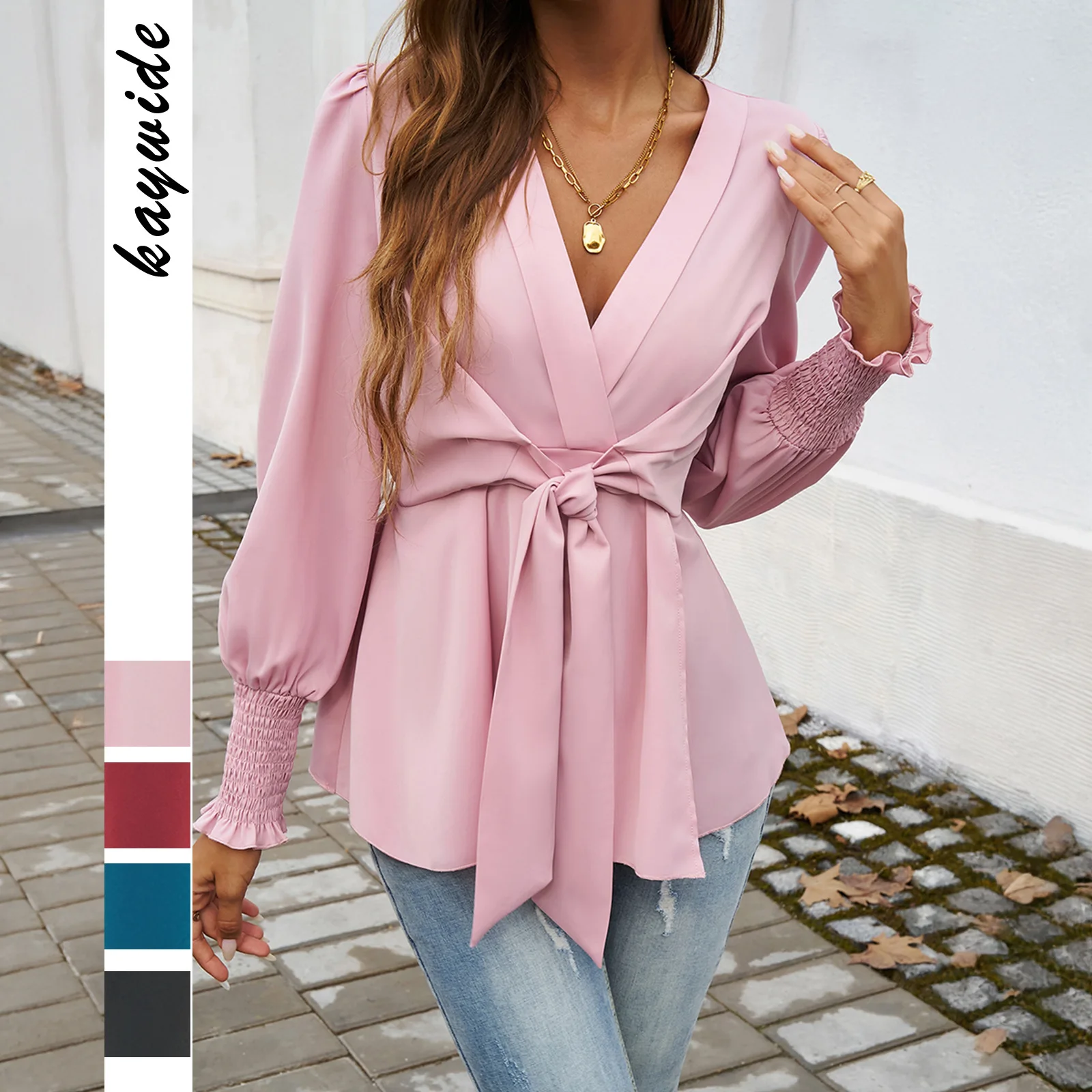 

2025 Women's Elegant Blouses Tops Spring Autumn Temperament Long Sleeve V Neck Waisted Lace Up Shirts Office Lady Commuter Wear