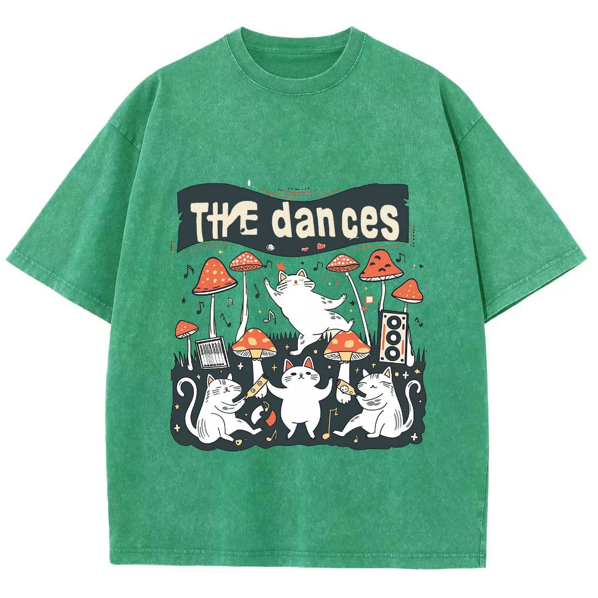 Kitten Print T-Shirt With Mushrooms Dancing In The Rain Retro Neutral Style Round Neck Pullover Loose Shoulder Short Sleeves