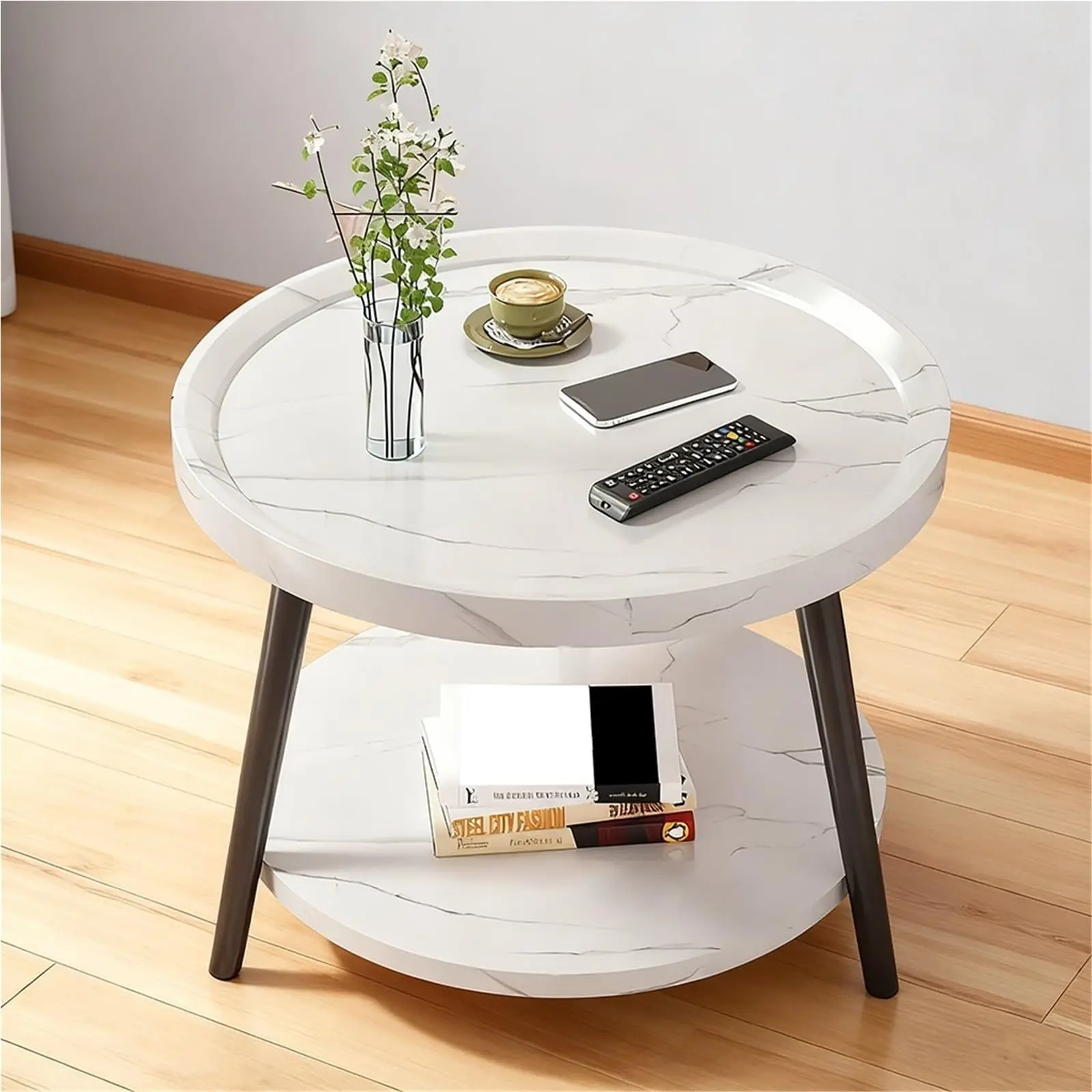 

2-Tier Round Coffee Table With Storage White Marble Finish For Living Room Bedroom