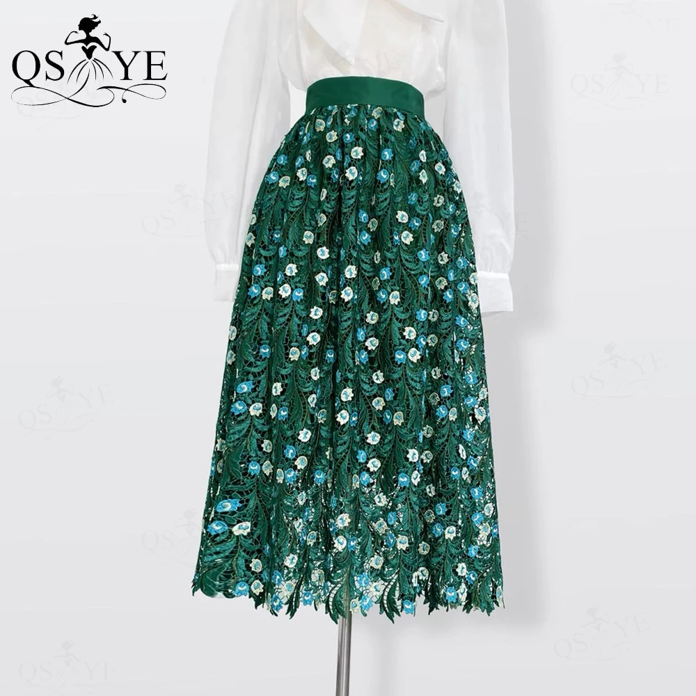 

Lake Green Lace Prom Dresses A line Overskirt Skirt Hollow out Lace Women Evening Gown Overlay FloweSkirt Long Maxi Party Dress