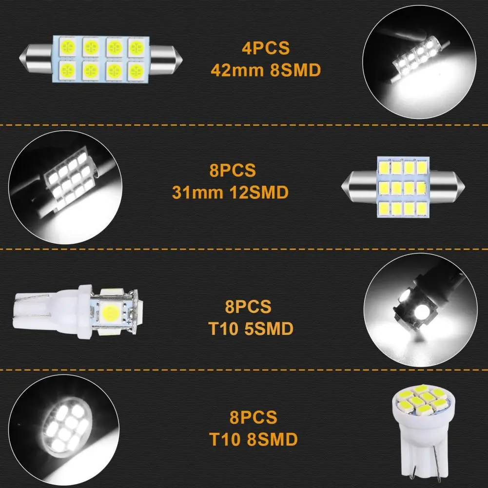 28pcs Led Interior Light Bulbs Kit T10 31mm 42mm 6000k Dome License Plate Lamp Bulb Car Trunk Replacement Parts