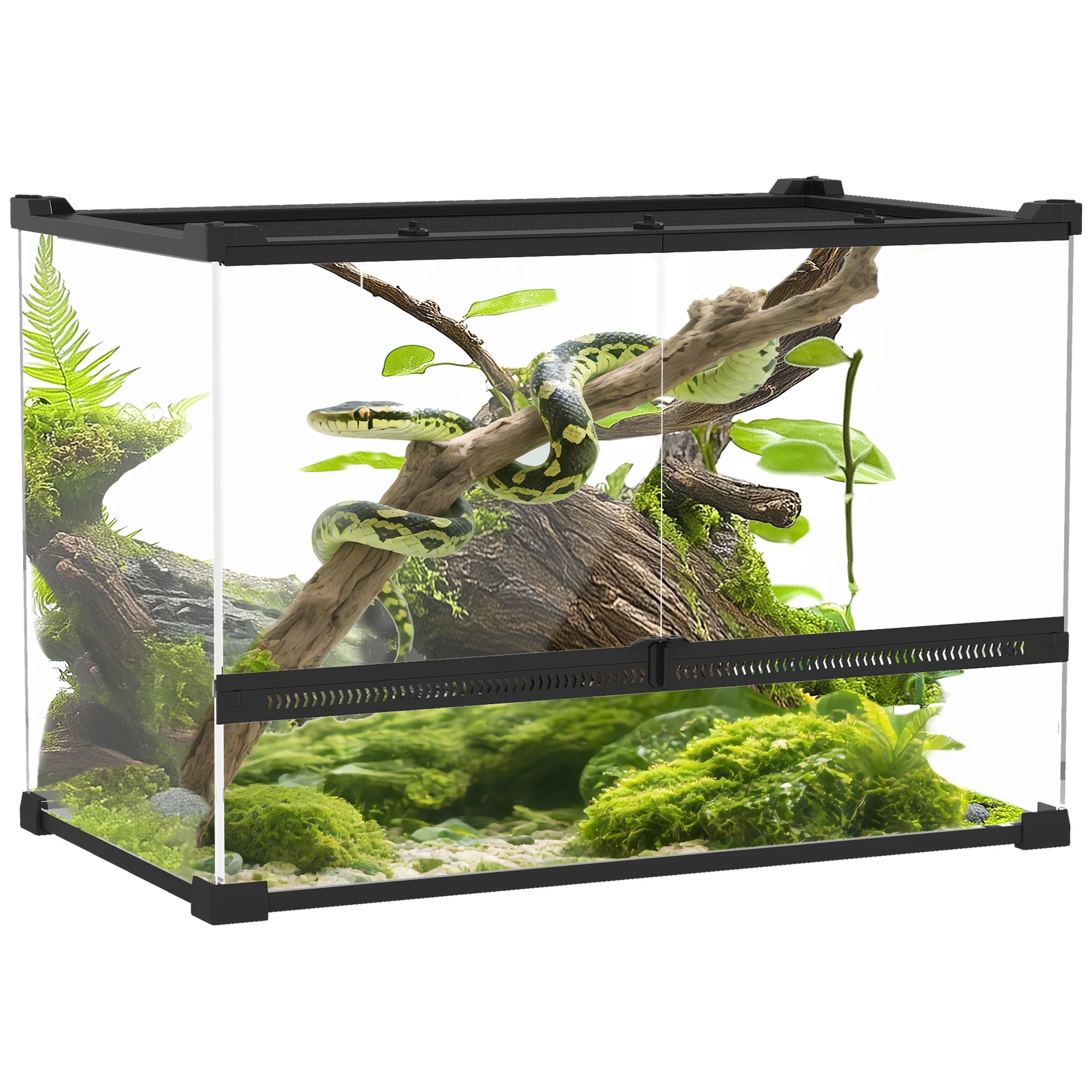 Reptielenbox, reptielenkweekbox, terrarium met veilige sluiting door rotatie, ventilatie aan de voorkant, geen montage nodig, 50x30x35 cm, Zwart