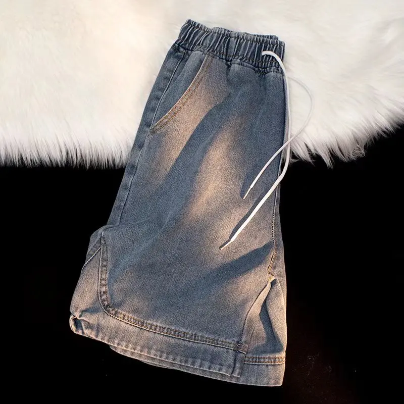 

Летние мужские винтажные джинсовые шорты больших размеров (до 250 фунтов), в гонконгском стиле, трендовые, свободные, с эффектом потертости, широкие, до колена