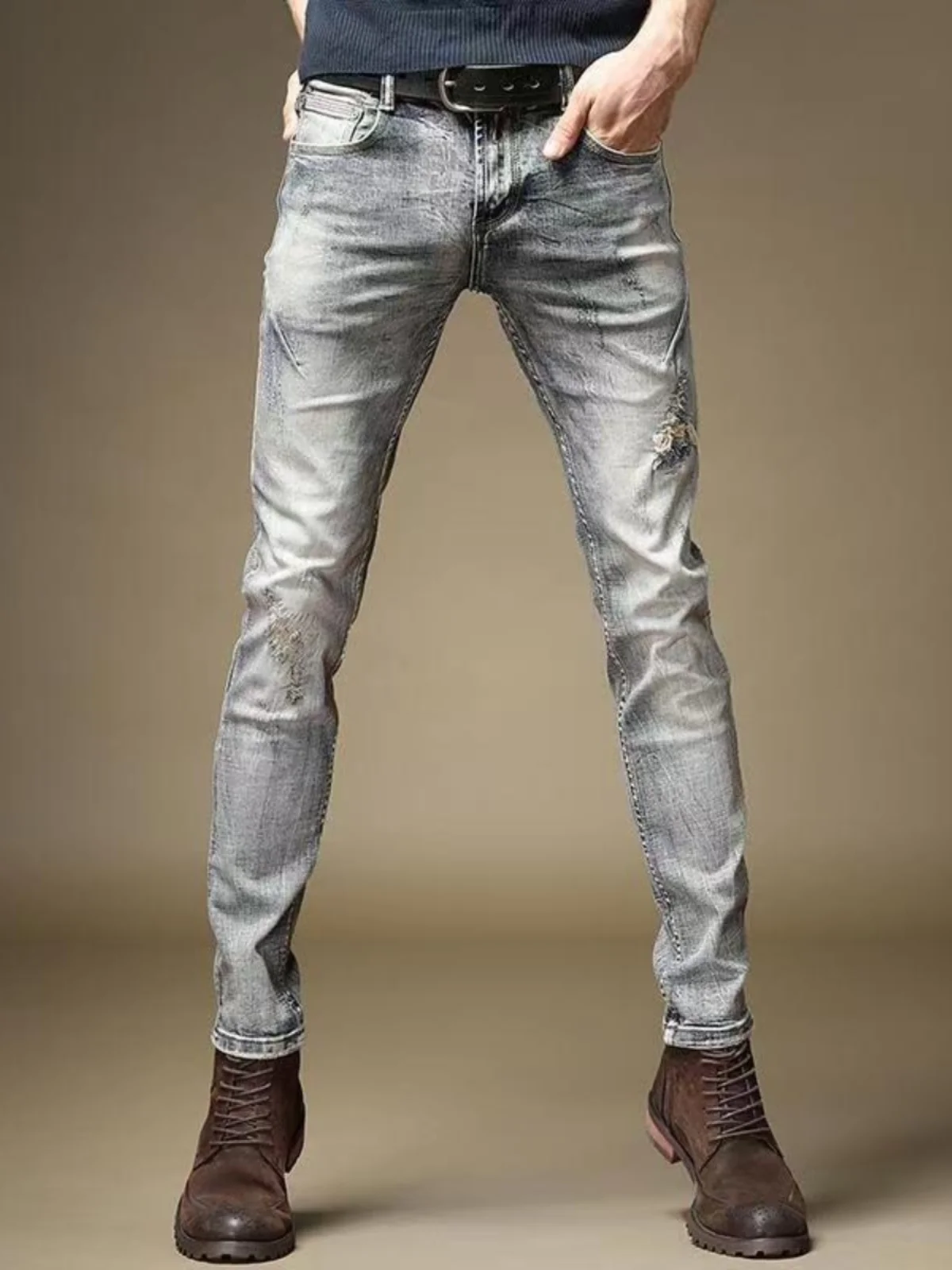 

Мужские джинсы в стиле ретро синего цвета, модные гонконгские брендовые износостойкие эластичные брюки слим-фит с дизайном с дырками, молодежные, модные