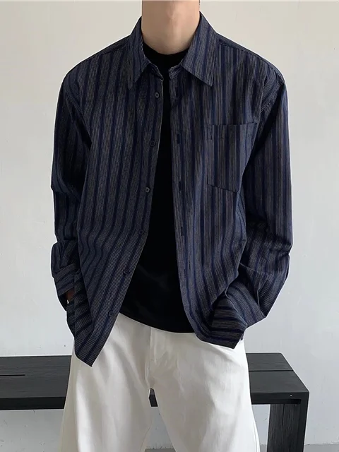 

Мужская повседневная рубашка в полоску с воротником-стойкой, свободного кроя, в стиле ретро, для молодежи, весенняя коллекция