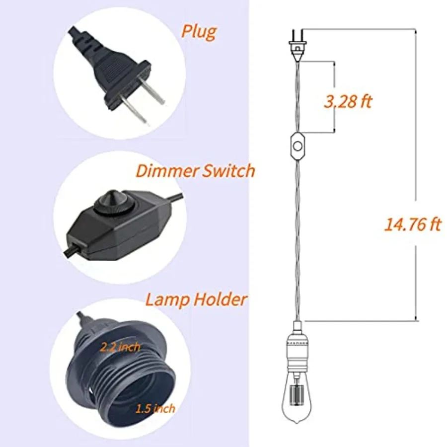 Pendant Light Kit with Dimmer Switch 15 Feet Hanging Lamp Cord Set Plug in Edison Light Bulb Socket Rope for E26 E27 DIY Swag L